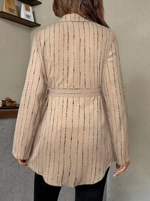 SHEIN 秋季、孕妇款卷边袖系带衬衫，印花图案，休闲通勤装，春秋季条纹衬衫 - 卡其色 - 查看 2