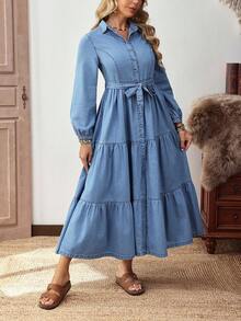 EMERY ROSE Women's Casual Denim Dress With Ruffle Hem, Front Button, And Lantern Sleeves, Suitable For Autumn - Light Wash - View 7