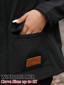 SHEIN CURVE+ 大码女式休闲拉链连帽外套，带口袋，保暖内衬，黑色 - 黑色 - 查看 5