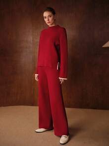 MOTF PREMIUM AUTUMN/WINTER CHIC WOMEN 2 PIECES SET: CONTRAST TRIM LOOSE TURTLENECK SWEATER & STRAIGHT LEG KNIT PANTS, CHRISTMAS, RED, NEW YEAR OUTFIT - Burgundy - View 5