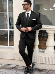 Manfinity Mode Plus Size Men's Lapel NeckLong Sleeve Single-Breasted Jacket And Pants Business Suit Set - Black - View 3