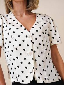 COSMINA 女士休闲/办公室通勤波尔卡圆点印花V领泡泡袖衬衫，夏季 - 彩色 - 查看 5