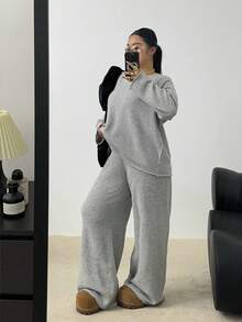 POPSWAY Autumn/Winter Fashion Minimalist Elegant Loose Fit Hoodie And Wide Leg Pants 2 Pieces Set - Grey - View 5