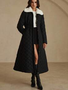 GENKIRA 女式休闲拼布仿毛领绗缝加厚外套，秋冬 - 黑與白 - 查看 3