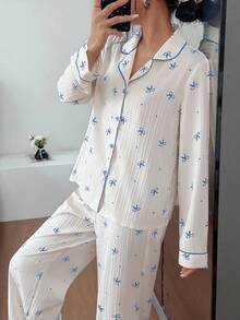 Dream Adore Bow Print Lapel Long Sleeve Pajama Set, Fall Clothes - Blue - View 4