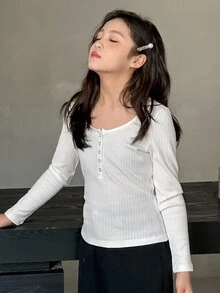 DAZY Áo thun dài tay cổ bẻ nửa khóa kéo cho bé gái tuổi teen, áo mùa thu cho nữ. - trắng - Xem 1