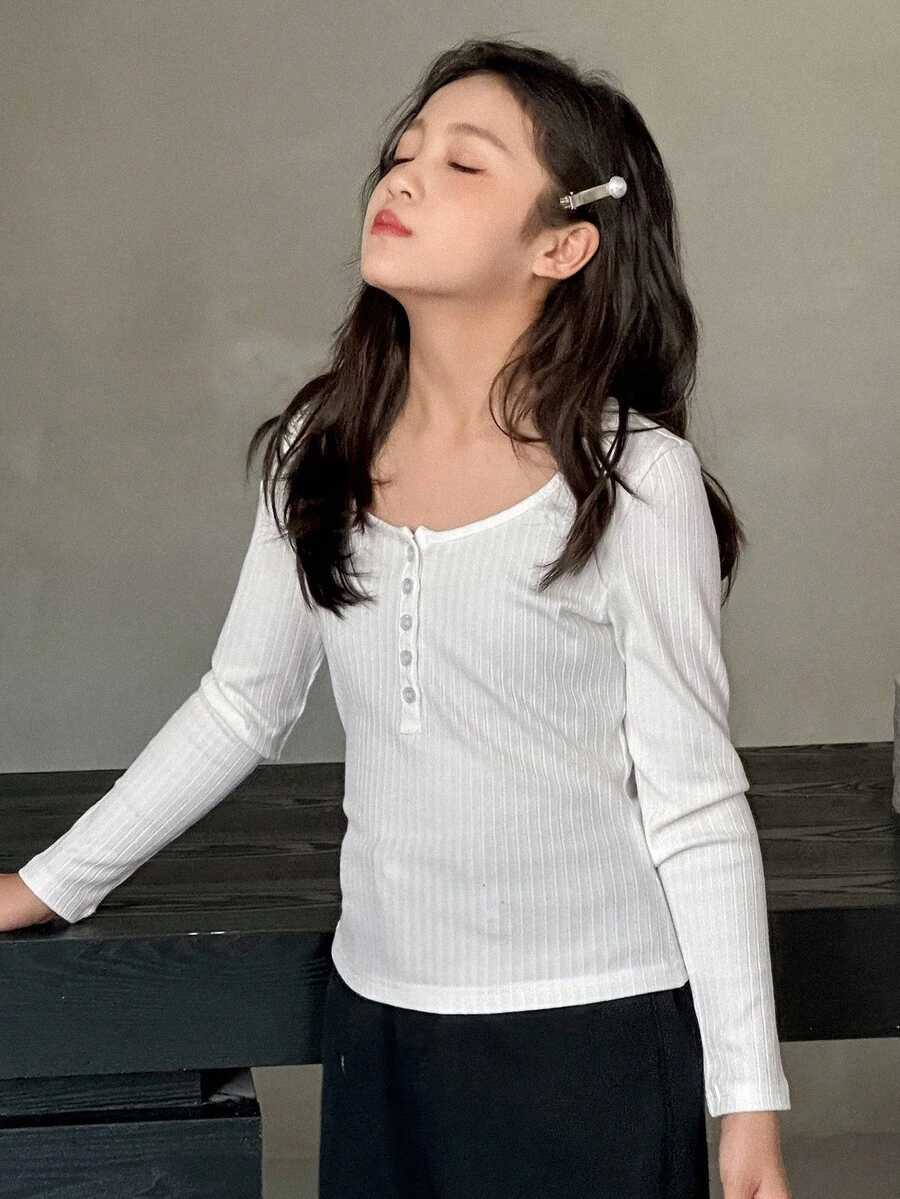 DAZY Áo thun dài tay cổ bẻ nửa khóa kéo cho bé gái tuổi teen, áo mùa thu cho nữ. - trắng - Xem 1