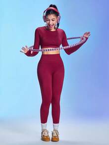 SHEIN Sports Women's Solid Color Fitted Letter Print Long Sleeve Sports T-Shirt Red Activewear - Burgundy - View 5