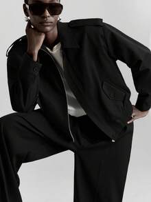 Ontre 女士翻领长袖短款外套，都市通勤商务休闲风，简约时尚女士冬季外套 - 黑色 - 查看 2