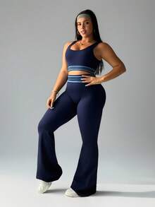 Rhythm Era Bộ đồ thể thao không tay và quần kẻ sọc chắp vá cỡ lớn cho nữ - Màu xanh hải quân - Xem 4