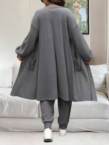 Vionelle 2-Piece Plus Size Casual Solid Color Jacket And Pants Set Fall Cloth For Women - Dark Grey - View 2