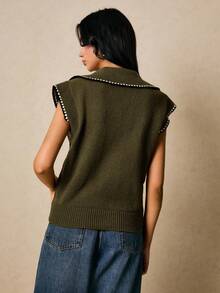 Poéselle 女式撞色边无袖前开宽松针织毛衣背心秋冬女装 - 軍綠色 - 查看 4