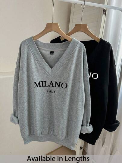 SHEIN Tall CURVE 2pcs Plus Size Casual V-Neck Loose Fit Sweatshirt Set, Suitable For Autumn/Winter