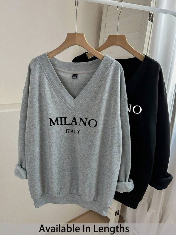 SHEIN Tall CURVE 2pcs Plus Size Casual V-Neck Loose Fit Sweatshirt Set, Suitable For Autumn/Winter