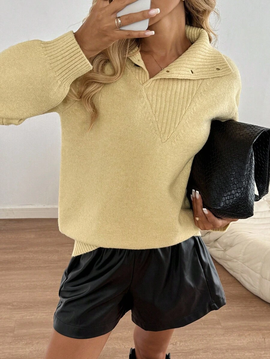 Easowa 女式纯色高领落肩长袖休闲宽松毛衣，秋冬 - 黃色 - 查看 1