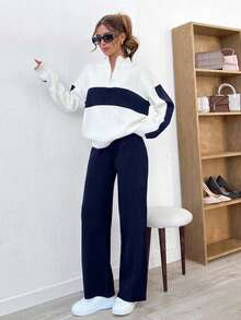 EURMUSE Women Half Zip Black Stripes Detailed Sweater And Sweater Pant 2 Pieces Set Co-Ords - Navy Blue - View 5