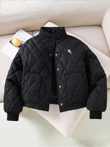 1件女童绗缝立领刺绣休闲冬季外套 - 黑色 - 查看 5