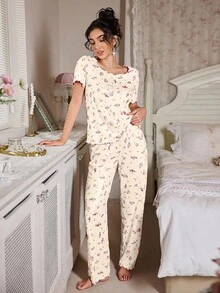 FloralLove 蝴蝶结装饰花卉印花纹理针织女士睡衣套装女士睡衣套装睡衣套装女士花卉睡衣套装女士睡衣套装女士睡衣套装 - 杏色 - 查看 6