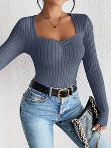 SHEIN Frenchy Lässiges einfarbiges Langarm-T-Shirt, vielseitig einsetzbar für den Herbst - Graublau - Übersicht 3