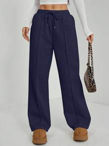 SHEIN PETITE Women's Fall Pebble Detail Straight-Leg Sweatpants,Fall,Fall Clothes For Women - Navy Blue - View 10