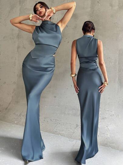 Firerie Women's Elegant Office Commuter Outfit, Sleeveless Pleated Collar High-Low Hem Striped Shirt And Pleated Waist Extra Long Fishtail Midi Skirt Set, Blue Satin Suit, Elegant Commuter Women's Outfit, Spring/Summer/Autumn Clothing, Elegant, Commuter, Sexy, Bohemian, Music Festival, Romantic, Date, Party, Wedding Season, Graduation Dress, Prom, Performance Outfit, Concert, Work Attire, Back To School, Women's Vacation Outfit, Women's Birthday Outfit, Women Teacher Outfit