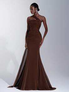 Elitara Elegant Brown Strapless High Stretch Glossy Mesh Ruched Fishtail Asymmetric Shoulder Hanging Flounce Dress, Suitable For Dates, Weddings, Events, Bridesmaid - Brown - View 8