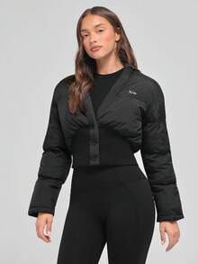 Menodora SHEIN Sport Women's Short Padded Coat, Ribbed Knit Waistline, Button Front, Slim Fit, Lightweight & Warm, Modern Stylish Design, Suitable For Autumn/Winter - Black - View 4