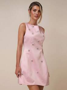 COSMINA Women's Elegant Rhinestone Floral Waist Fitted Mini Dress, Suitable For Banquet, Wedding Guest Rhinestone Embellished Dress - Dusty Pink - View 4