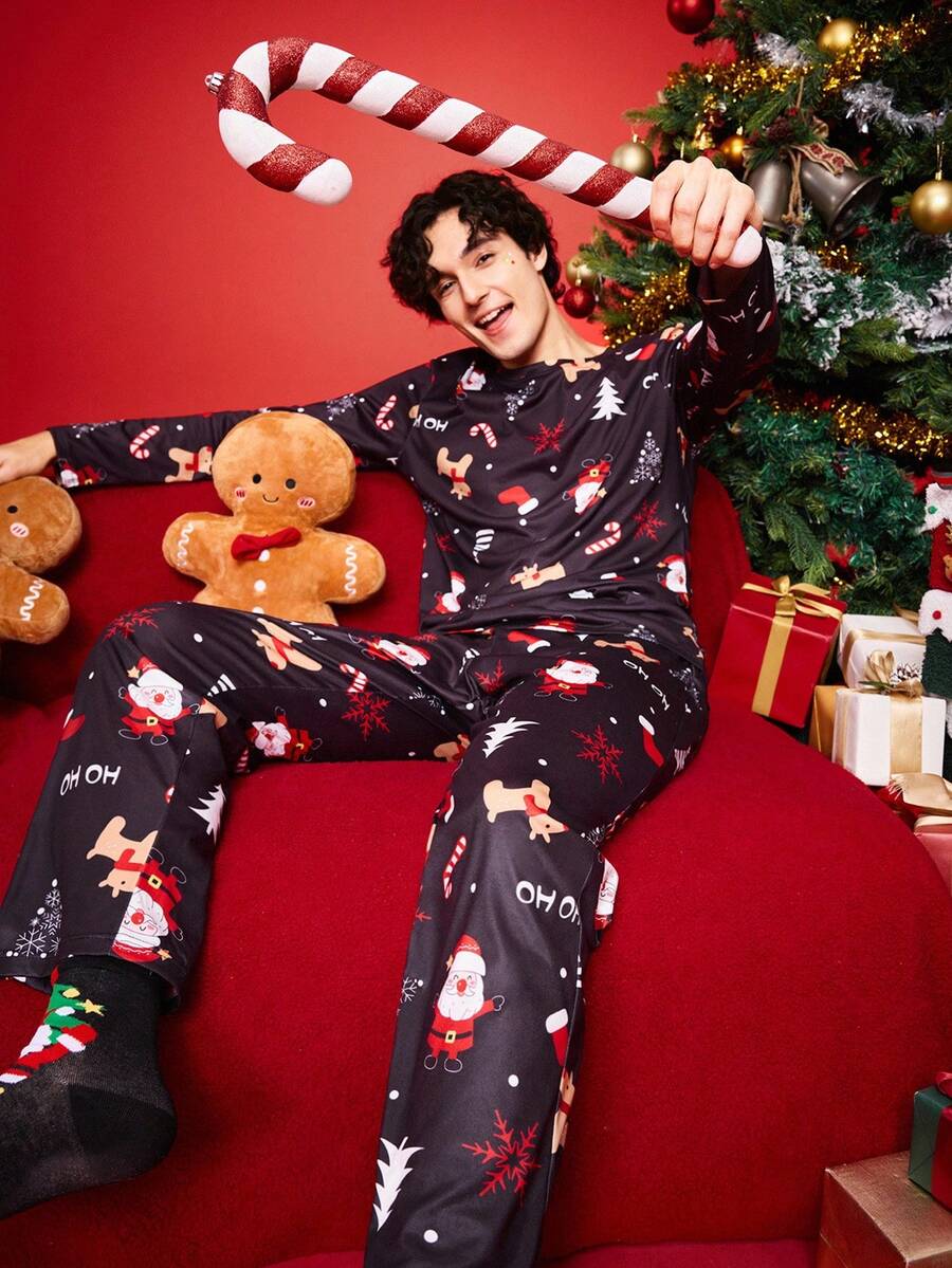 Notgurli Conjunto de pijama de talla grande para hombres con elementos navideños - Negro - Ver 1