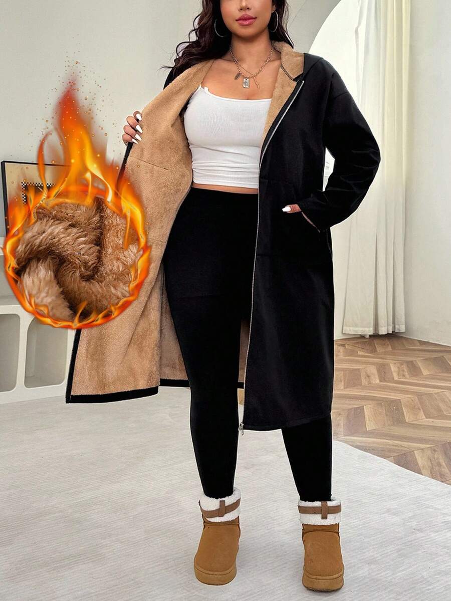 Solflare Plus Size Zip-Up Fleece Hoodie Jacket, Fashionable For Autumn/Winter - Black - View 1