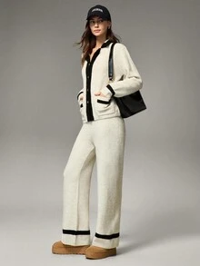 Qadelle Autumn/Winter Color Block Casual Knit Cardigan And Wide Leg Pants Set - Apricot - View 6