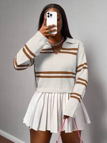 Slaydiva Áo len chui đầu cổ chữ V kẻ sọc thường ngày dành cho nữ, Thu/Đông - Màu be - Xem 5