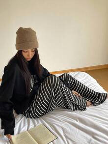 DAZY 女士宽松休闲条纹拼布直筒裤，适合秋季和春季 - 黑與白 - 查看 6