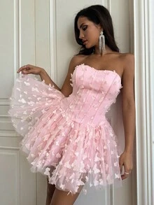 SHEIN BAE 可爱性感3D蝴蝶装饰泡泡袖连衣裙 - 粉色 - 查看 6