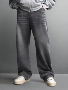 SUMWON Essential Barrel Fit Denim Jeans Classic Relaxed Wide Leg Straight Cut Casual Streetwear Raw Hem Versatile Everyday Wear