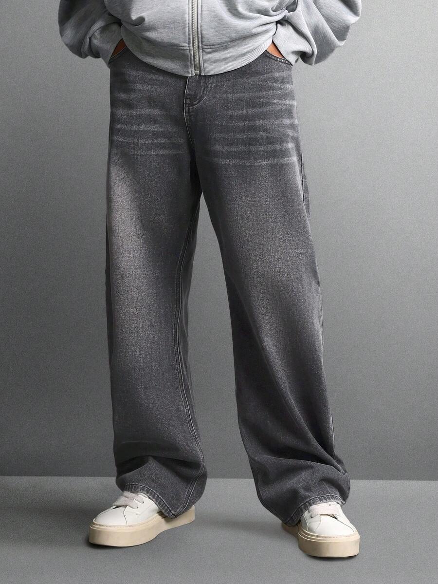 SUMWON Essential Barrel Fit Denim Jeans Classic Relaxed Wide Leg Straight Cut Casual Streetwear Raw Hem Versatile Everyday Wear