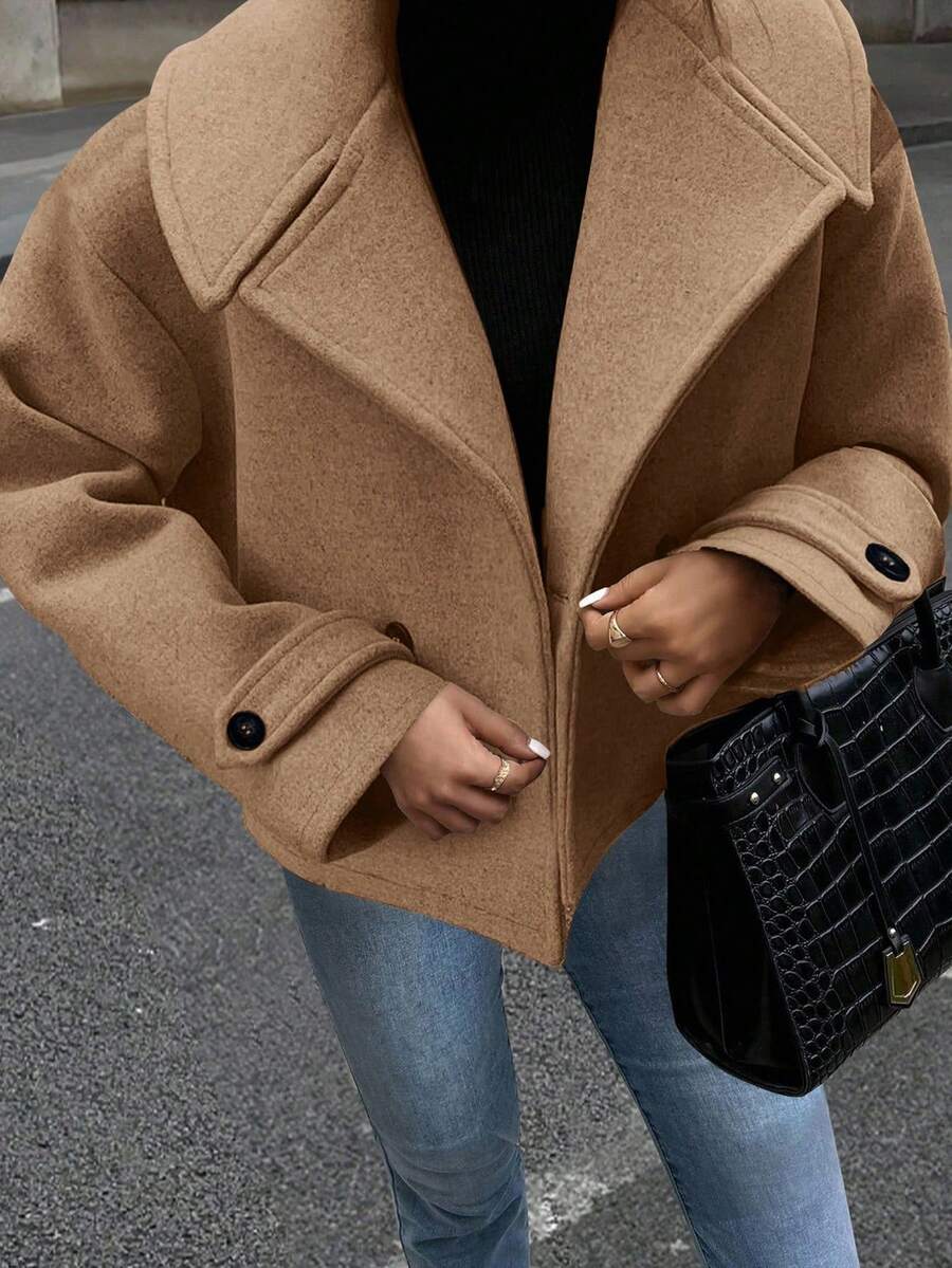 EMERY ROSE 女式大翻领装饰纽扣长袖羊毛大衣 - 駝色 - 查看 1