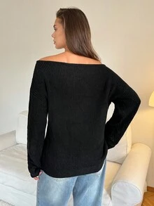 SHEIN Tall Damen Einfarbiger Asymmetrischer Ausschnitt Lässiger Langarm Roter Pullover Für Lässig Party Elegant Zuhause Sexy Herbst Winter Lässig Weihnachten Halloween Neujahr Asymmetrisches Oberteil - Schwarz - Übersicht 2