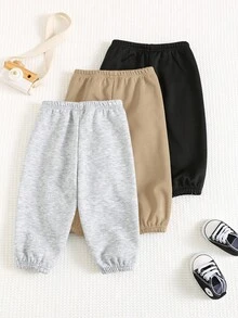 SHEIN 3件組男嬰秋冬可愛純色保暖內裡加厚卡通恐龍圖案鬆緊腰長褲基礎款多件組，適合秋冬戶外滑雪 - 彩色 - 查看 2