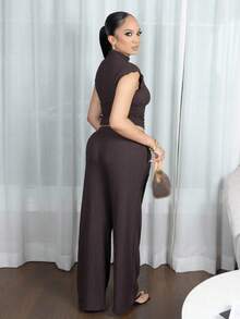 Melissa Matos 2pcs Women Summer Solid Color Stand Collar Pleated Blouse And Pants Set, Casual Women S Clothes Workout Clothes Women Women Summer Clothing Woman S Summer Clothes Casual Sets For Women Brown Two Piece Set Women Two Piece Pants Set Women Casual Two Piece Set Comfortable Two Piece Set Brown Pants Set Women Brown Jumpsuit Pants Two Piece Set - Brown - View 3