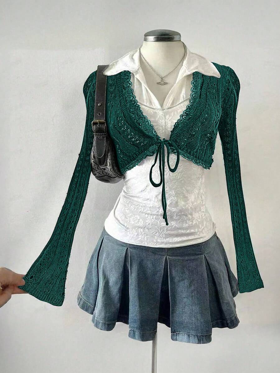 Celisse Women's Casual Solid Color Bell Sleeve Cropped Thin Cardigan - Dark Green - View 1