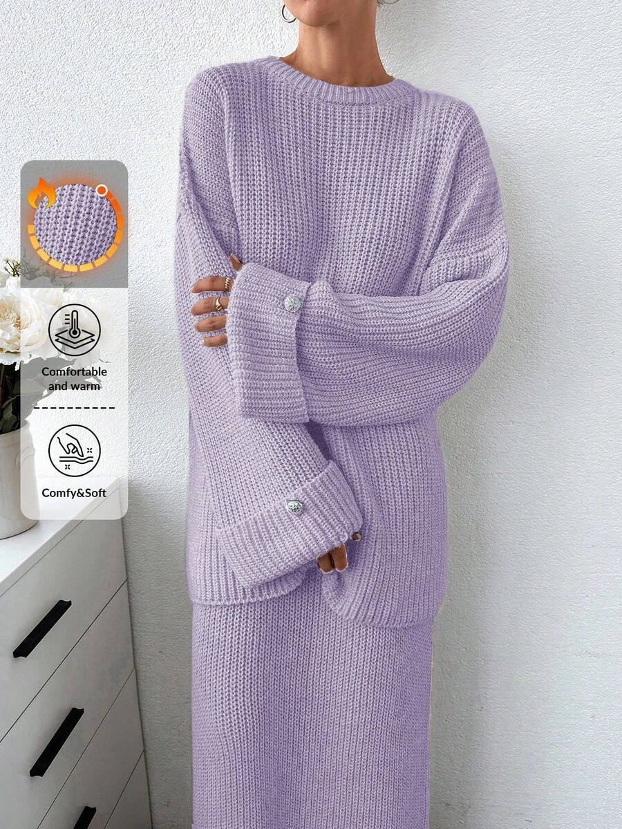 SHEIN Bộ áo len và chân váy len dáng rộng màu trơn dành cho nữ - Màu Lilac Tím - Xem 1