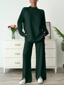 EURMUSE 女士纯色立领长袖毛衣和针织裤休闲套装，秋冬 - 墨綠色 - 查看 6