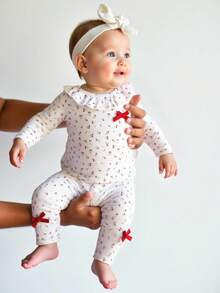 SHEIN Neugeborenen Soft & Komfortabel Rundhals Schleife Dekor Langarm Oberteil und Hose Set, Herbst/Winter