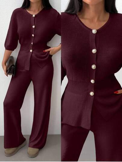 EURMUSE Women Solid Color Front Button Rib Knit Cardigan & Sweater Pants Set