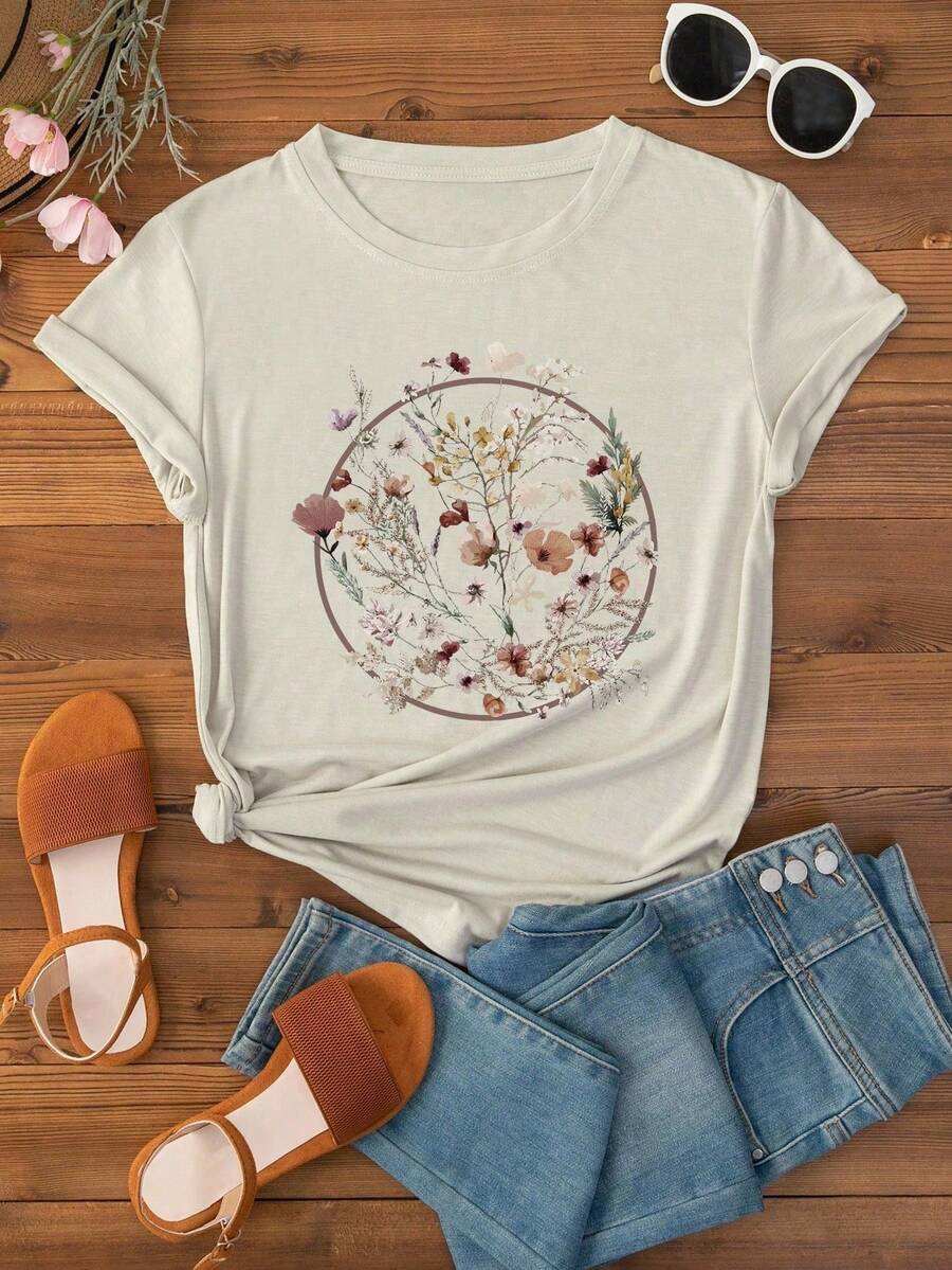 INAWLY 女式花卉印花圆领短袖休闲 T 恤图案 T 恤女式上衣 - 米色 - 查看 1