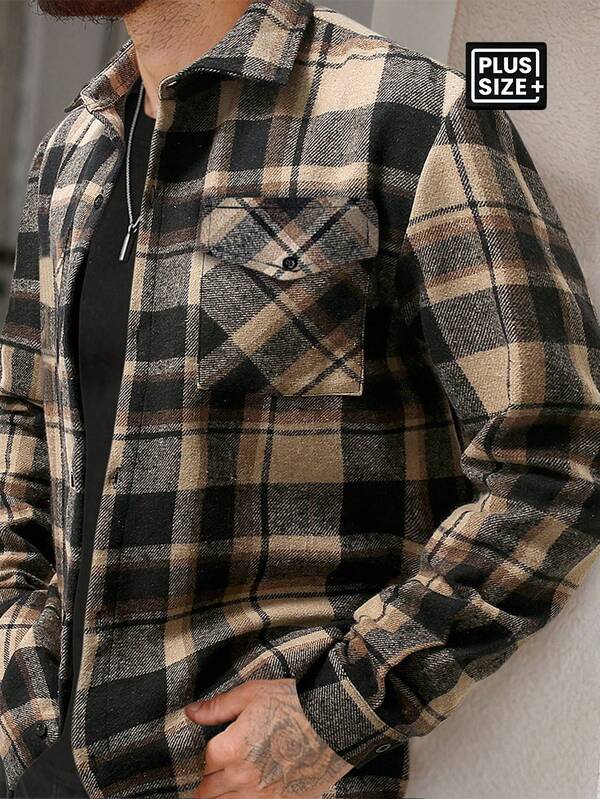 Manfinity Homme Plus Size Men's Plaid Long Sleeve Single-Breasted Pocket Casual Shacket, Autumn Plaid Flannel Long Sleeve Flannel Flannels For Men Men Plaid Shirt Mens Plaid Button Up Daily Leisure, Weekend Trips, Outdoor Activities, Travel Expeditions, Relaxed Work Environments Or Semi-Formal Occasions,Boyfriend/Husband Gift, Anniversary Gift