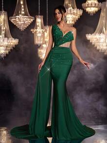 Glamrae Đầm dạ hội trang trọng thanh lịch, sang trọng, chất liệu vải thun co giãn, cổ bất đối xứng, tay đơn, eo khoét sâu, viền đuôi cá, đính sequin nổi, dành cho nữ - xanh quân đội - Xem 5