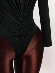 Y2K Amplova BLACK Christmas New Year Thanksgiving Sequins Party Chic Retro Deep V-Neck Lace Trim Ruched Bodysuit, Sexy Long Sleeve Suitable For Party And Date - Black - View 8