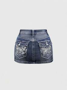 ROMWE J-Fashion Y2K Vintage Low-Waist Butterfly Embroidered Adjustable Contrast Color Denim Mini Skirt For Women - Blue - View 1